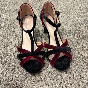 Black & Burgundy Velvet T-Strap Heels